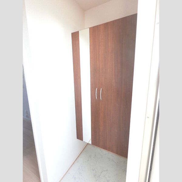 玄関 (広めのBoxは収納力ばっちり。トールタイプのミラーついてます。)