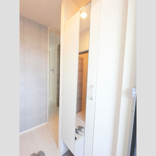 玄関 (広めのBoxは収納力ばっちり。トールタイプのミラーついてます。)