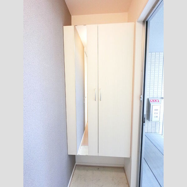 玄関 (広めのBoxは収納力ばっちり。トールタイプのミラーついてます。)