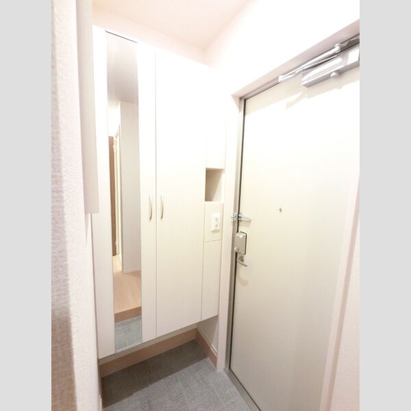 玄関 (広めのBoxは収納力ばっちり。トールタイプのミラーついてます。)