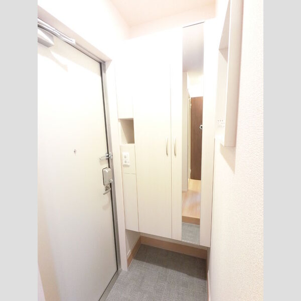玄関 (広めのBoxは収納力ばっちり。トールタイプのミラーついてます。)