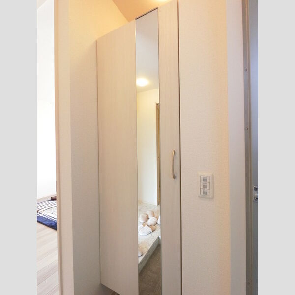 玄関 (広めのBoxは収納力ばっちり。トールタイプのミラーついてます。)