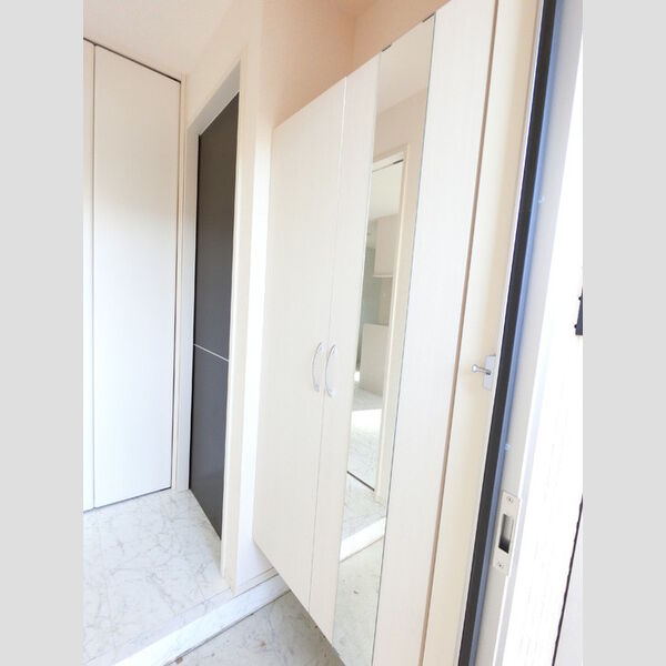 玄関 (広めのBoxは収納力ばっちり。トールタイプのミラーついてます。)