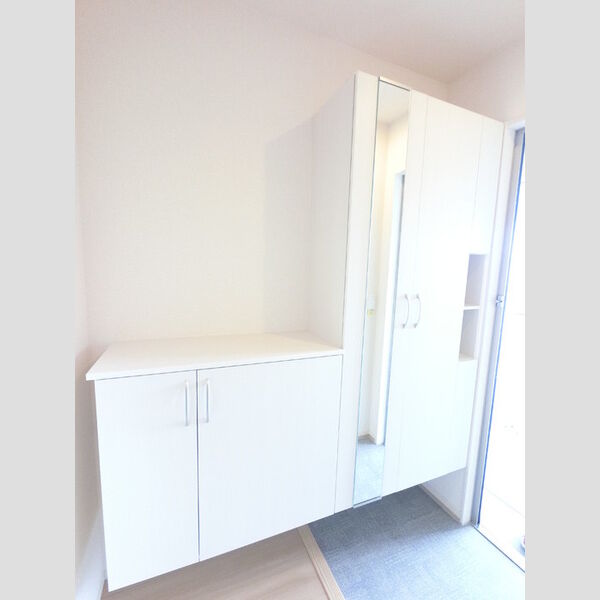 玄関 (広めのBoxは収納力ばっちり。トールタイプのミラーついてます。)