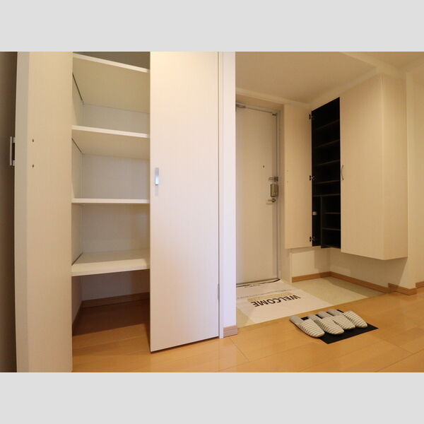 玄関 (トールタイプのシューズボックスと廊下の収納)