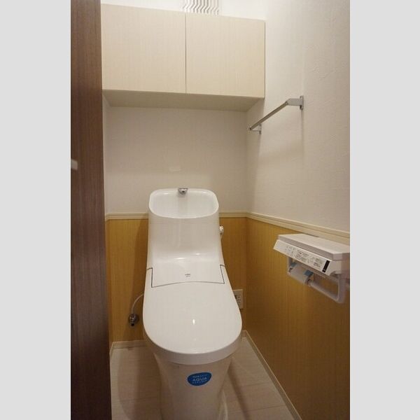トイレ (スタイリッシュなトイレを採用!温水洗浄便座のスイッチは紙巻器のところにあります!上部には扉付きの棚を装備してます!)