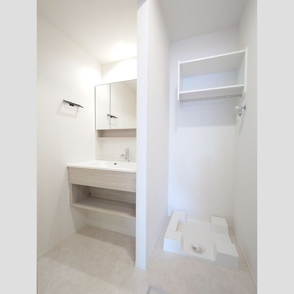 洗面所 (2面鏡キャビネット付洗面台、室内洗濯機置き場)