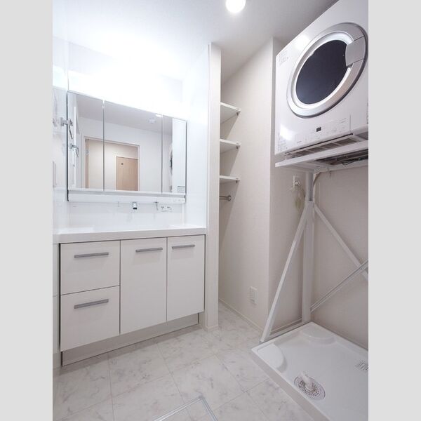 洗面所 (3面鏡キャビネット付き洗面台/衣類ガス乾燥機)