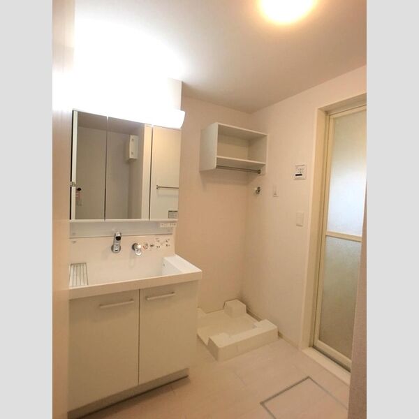 洗面所 (三面鏡(整理棚付き)洗髪洗面化粧台と洗濯機置き場)